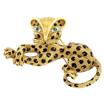 Lot 122 - Gold, Black Enamel, Emerald and Diamond Leopard Clip-Brooch, France