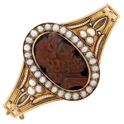 Lot 46 - Archaeological Revival Gold, Agate Cameo, Split Pearl and Enamel Bangle Bracelet, Carlo Giuliano