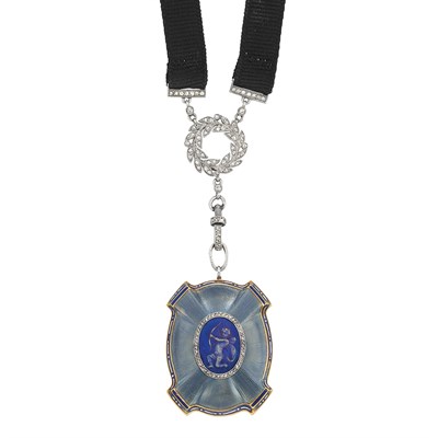 Lot 568 - Belle Epoque Platinum, Gold, Guilloche Enamel, Enamel and Diamond Pendant-Watch with Grosgrain Ribbon, Van Cleef & Arpels, France