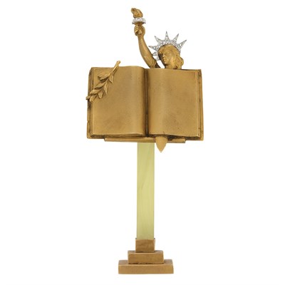 Lot 63 - Gold, Platinum, Green Chalcedony and Diamond 'Lady Statue' of Liberty Desk Objet, France