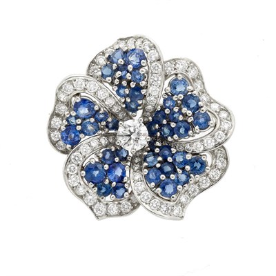 Lot 909 - Platinum Diamond and Sapphire Flower Brooch, Tiffany & Co.