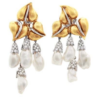 Lot 642 - Pair of Gold, Diamond and Baroque Cultured Pearl Pendant-Earclips