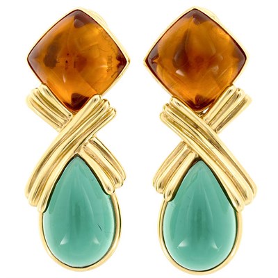 Lot 779 - Pair of Gold, Cabochon Citrine and Tourmaline Pendant-Earrings