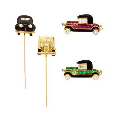 Lot 853 - Pair of Gold, Black Enamel, Gem-Set and Diamond Automobile Pins and Pair of Stick Pins