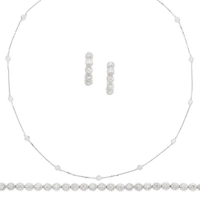 Lot 156 - White Gold and Diamond Chain Necklace and Beaded White Gold and Diamond Bracelet and Pair of Hoop Earrings