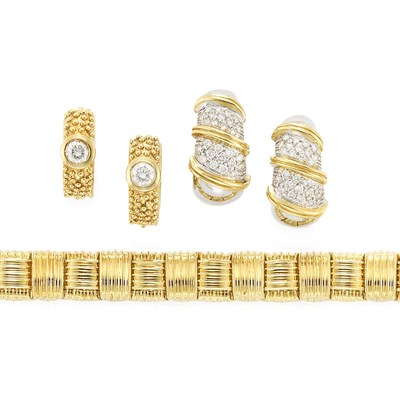 Lot 18 - Gold and Diamond Bracelet, Roberto Coin, and Two Pairs of Hoop Earrings