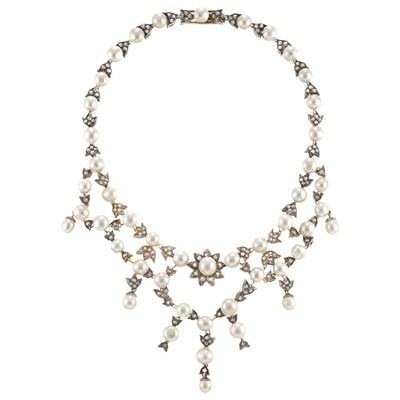 Lot 209 - Silver, Gold, Cultured Pearl and Diamond Swag Necklace