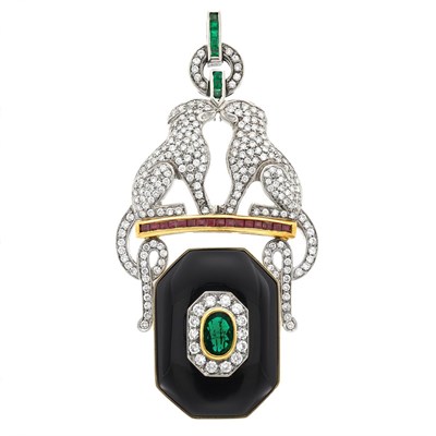 Lot 682 - Two-Color Gold, Diamond, Black Onyx, Emerald and Ruby Pendant