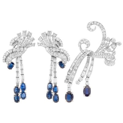 Lot 913 - Pair of Platinum, Diamond and Sapphire Pendant-Earrings and Brooch