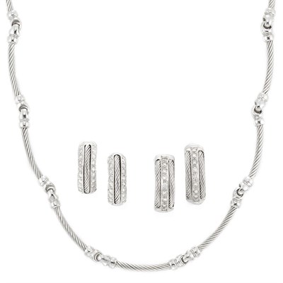 Lot 517 - White Gold Necklace and Two Pairs of White Gold and Diamond Hoop Earrings