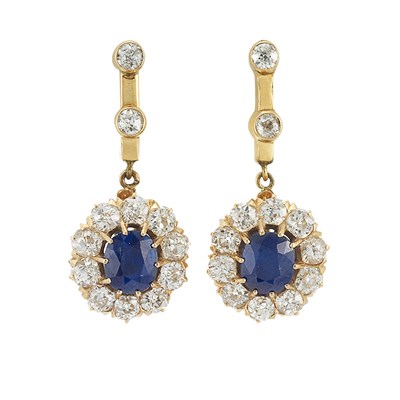 Lot 720 - Pair of Antique Gold, Sapphire and Diamond Pendant-Earrings
