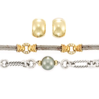 Lot 179 - Sterling Silver and Gray Cultured Pearl Toggle Necklace, David Yurman, Bracelet, Philippe Charriol and Pair of Gold Hoop Earrings