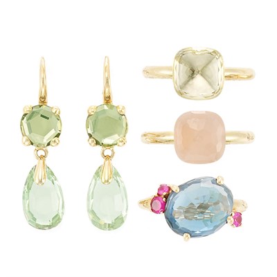 Lot 48 - Pair of Gold and Gem-Set Pendant-Earrings and Three Gem-Set Rings, Pomellato