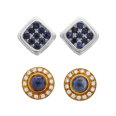Lot 850 - Pair of Platinum and Sapphire Earclips, Harry Winston, and Pair of Gold Cabochon Sapphire and Diamond Earclips, Cartier