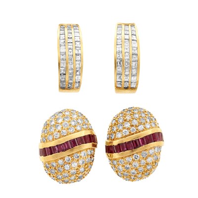 Lot 851 - Pair of Gold and Diamond Hoop Earrings and Pair of Gold, Diamond and Ruby Earrings