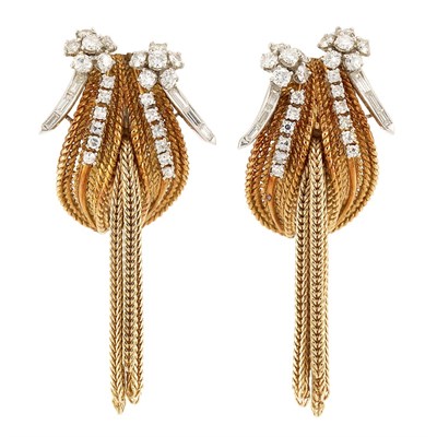 Lot 444 - Pair of Gold, Platinum and Diamond Fringe Earclips