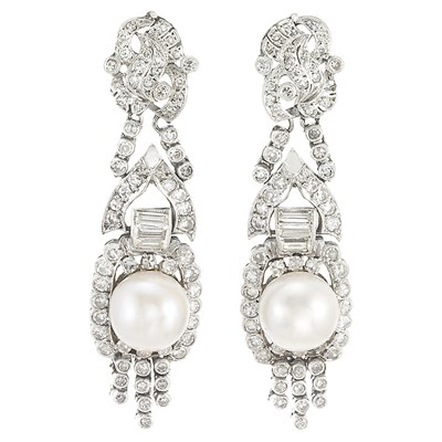 Lot 716 - Pair of Platinum, Cultured Pearl and Diamond Pendant-Earrings