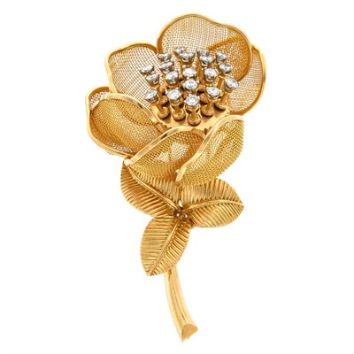 Lot 332 - Gold and Diamond 'En Tremblant' Mesh Rose Clip-Brooch, France