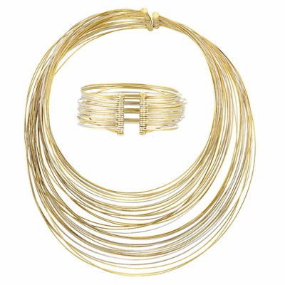 Lot 959 - Multistrand Yellow and White Gold Wire Choker Necklace and Bangle Bracelet