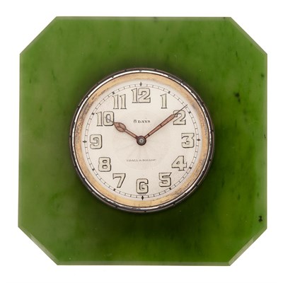 Lot 592 - Art Deco Nephrite, Silver and Enamel Eight Day Desk Clock, Udall & Ballou