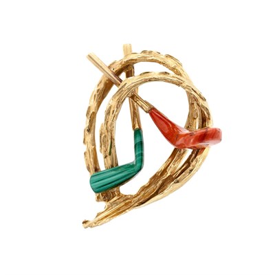 Lot 950 - Gold, Coral and Malachite Clip-Brooch, Chaumet, Paris