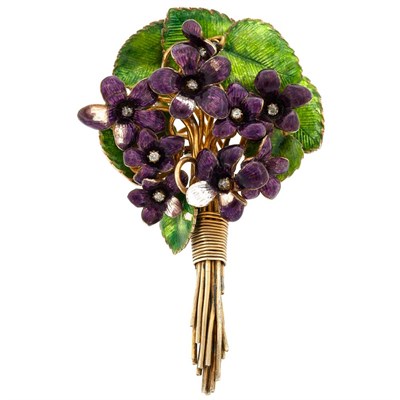 Lot 589 - Silver Gilt, Enamel and Diamond Bouquet Brooch