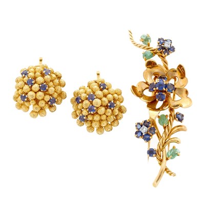 Lot 322 - Pair of Gold and Sapphire Earclips, Tiffany & Co., and Retro Gold and Gem-Set Flower Clip-Brooch, Mauboussin, Paris