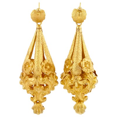 Lot 557 - Pair of Antique Gold Pendant-Earrings