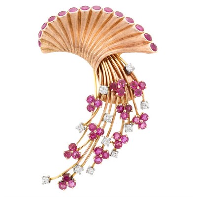 Lot 929 - Retro Rose and Yellow Gold, Ruby and Diamond Spray Clip-Brooch