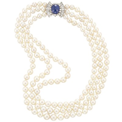 Lot 990 - Triple Strand Cultured Pearl Necklace with Platinum, Cabochon Sapphire and Diamond Clasp, France