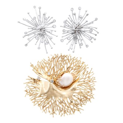 Lot 467 - Gold, Baroque Freshwater Pearl and Diamond Brooch and Pair of White Gold and Diamond Spray Earrings