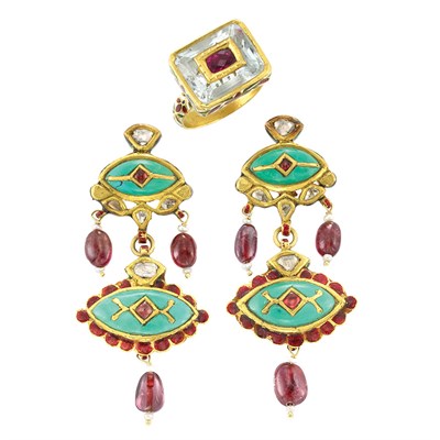 Lot 762 - Pair of Indian Gold, Turquoise, Ruby Bead and Jaipur Enamel Pendant-Earrings and Rock Crystal, Ruby and Jaipur Enamel Ring