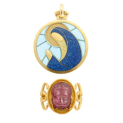 Lot 756 - Gold and Enamel Madonna Pendant, France, and High Karat Gold and Carved Pink Tourmaline Ring