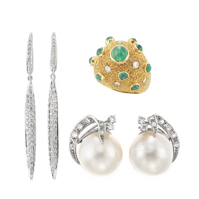 Lot 847 - Pair of Mabe Pearl and Diamond Earrings, Pair of Diamond Pendant-Earrings and Nugget Gold, Cabochon Emerald and Dome Diamond Ring