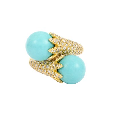 Lot 767 - Gold, Turquoise and Diamond Crossover Ring