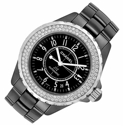 Lot 382 - Lady's Black Ceramic, Stainless Steel and Diamond 'J12' Wristwatch, Chanel