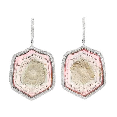 Lot 469 - Pair of White Gold, Carved Pink Tourmaline and Diamond Pendant-Earrings