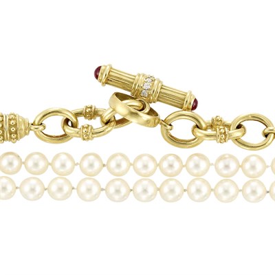 Lot 940 - Long Cultured Pearl and Gold Link Necklace with Gold, Cabochon Ruby and Diamond Toggle Clasp