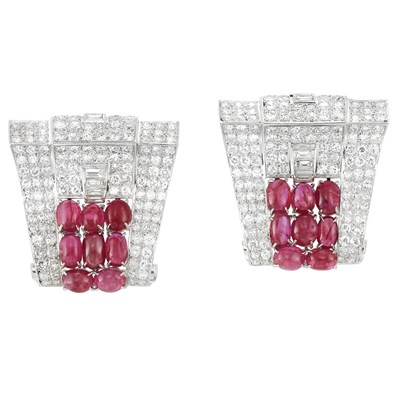 Lot 615 - Pair of Art Deco Platinum, Diamond and Cabochon Ruby Clips