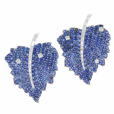 Lot 499 - Pair of Platinum, Sapphire and Diamond Leaf Brooches