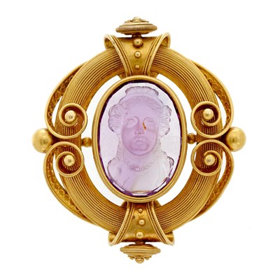 Lot 566 - Archaeological Revival Gold and Amethyst Cameo Pendant-Brooch