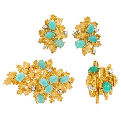 Lot 768 - Pair of Gold, Diamond and Turquoise Earclips, Brooch and Ring