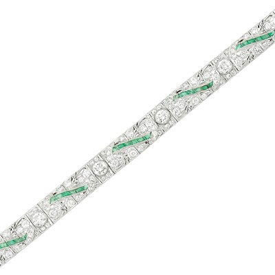 Lot 172 - Platinum, Diamond and Emerald Bracelet