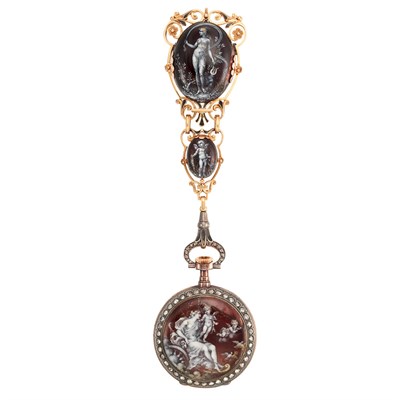 Lot 56 - Lady's Antique Gold, Silver, Enamel and Diamond Open Face Lapel Pendant-Watch, Tiffany & Co.