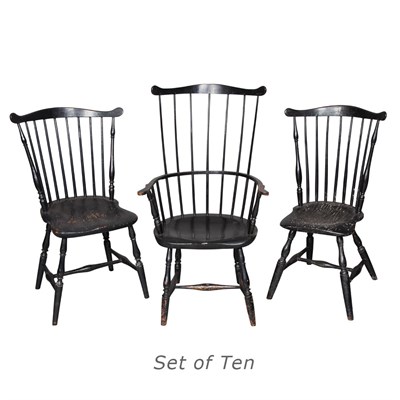 Lot 215 - Assembled Set of Ten Black Painted Windsor...