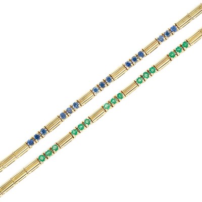 Lot 854 - Pair of Gold, Sapphire and Emerald Bracelets