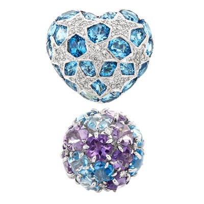 Lot 490 - White Gold, Blue Topaz and Diamond Heart Pendant-Brooch and White Gold, Amethyst, Blue Topaz and Diamond Cluster Dome Ring