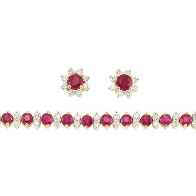 Lot 879 - Gold, Ruby and Diamond Bracelet and Pair of Earrings