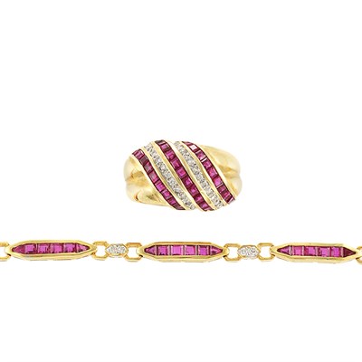 Lot 870 - Gold, Ruby and Diamond Bracelet and Bombe Ring