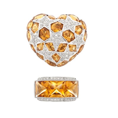 Lot 513 - White Gold, Citrine and Diamond Heart Pendant-Brooch and Ring